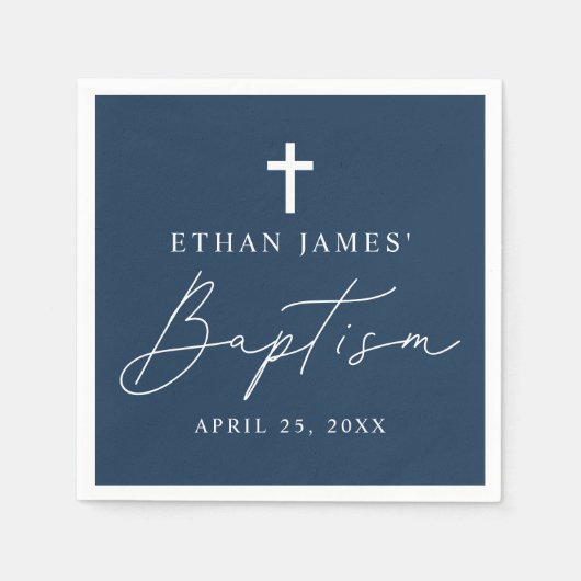 Moderne Minimalistische Script Navy Blue Taufe Serviette (Vorderseite)