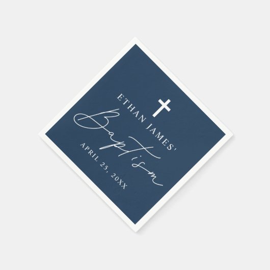 Moderne Minimalistische Script Navy Blue Taufe Serviette (Ecke)
