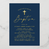 Moderne Minimalistische Script-Navy-Taufen Folieneinladung (Vorderseite)