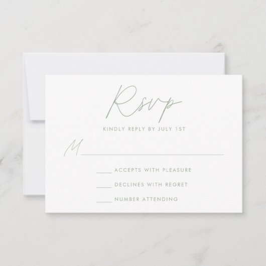 Moderne Minimalistische Script-Sage Grüne Hochzeit RSVP Karte (Vorderseite)