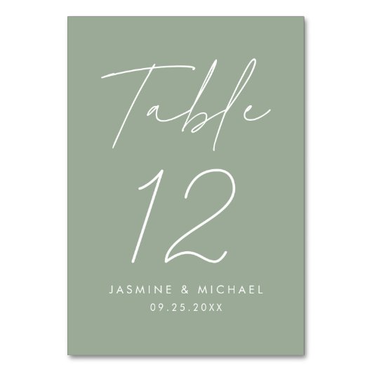 Moderne Minimalistische Script-Sage Grüne Hochzeit Tischnummer (Vorderseite)