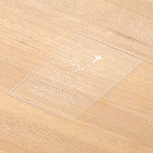 Moderne Minimalistische Script-Taufe Acryleinladungen (Ablage )