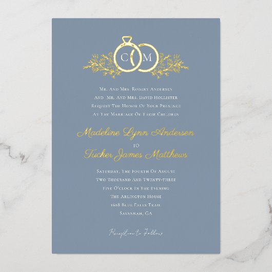 Moderne Minimalistische Script Wedding Gold Foil H Folieneinladung (Vorderseite)