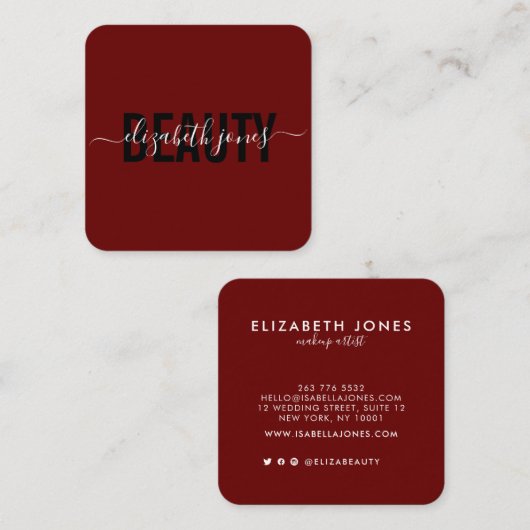 Moderne Minimalistische Signatur Burgund und Weiß Quadratische Visitenkarte (Vorne/Hinten)