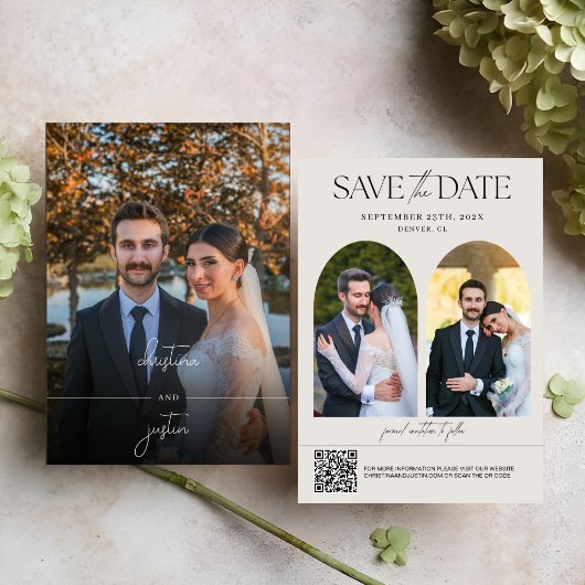 Moderne minimalistische Skript-QR-Code-Hochzeitsfo Save The Date