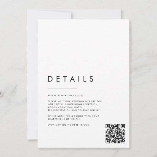 Moderne Minimalistische Skriptdetails QR-Code Hoch Einladung (Rückseite)