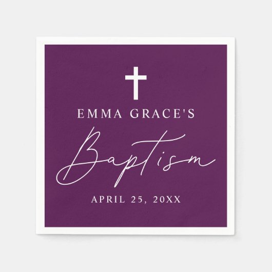 Moderne Minimalistische Skripte Lila Taufe Serviette (Vorderseite)