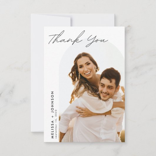 Moderne Minimalistische Skriptereihe mit zwei Foto Dankeskarte (Vorderseite)