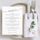 Moderne Minimalistische Skripthochzeit Menükarte<br><div class="desc">Das einfache und moderne Hochzeitsmenü bietet ein modernes Skript-Menü in einem Engel mit klassischem Serif-Schriftart. Ihr Gast wird den sauberen minimalistischen Schwarz-Weiß-Look Liebe.</div>