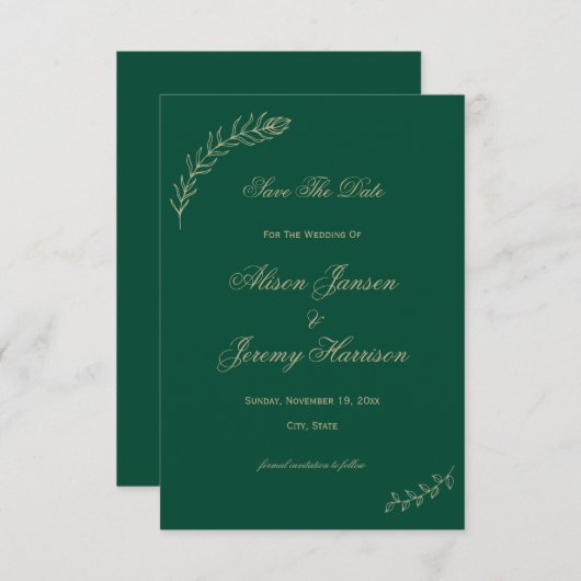 Moderne Minimalistische Smaragdgoldene Blätter und Save The Date (Vorne/Hinten)