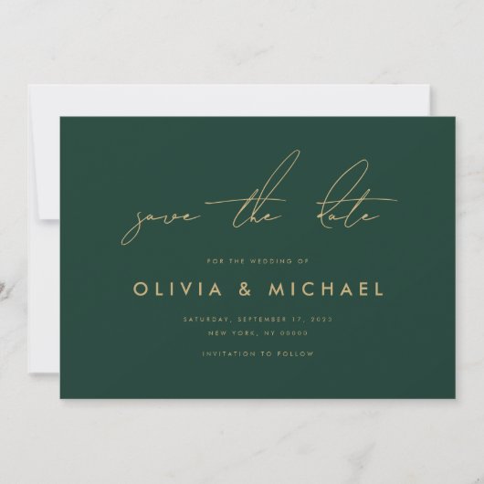 Moderne Minimalistische SmaragdWedding rettet das Save The Date (Vorderseite)