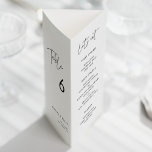 Moderne Minimalistische Speisekarte und Tischnumme<br><div class="desc">Dreifaches Hochzeitsmenü & Tischnummer: Alles in einem,  falten Sie das Blatt in 3,  um Ihre stehende Speisekarte zu erhalten. Modern,  einfach und sauber: adoptier dieses minimalistisch handgeschriebenen Design für dein Hochzeitsgeschirr. Vollständig anpassbare Farben.</div>