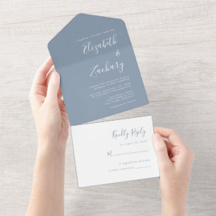 Moderne Minimalistische Staubblaue Hochzeit All In One Einladung