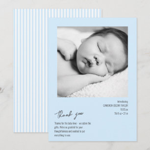 Moderne minimalistische Streifen-Baby-Foto Blau Ge Dankeskarte