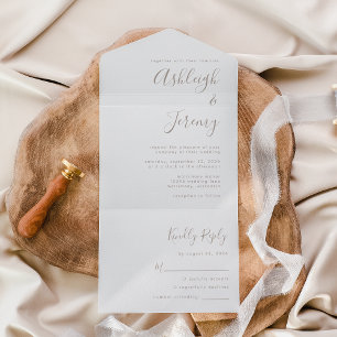 Moderne Minimalistische Taupe Schrift Hochzeit All In One Einladung