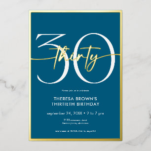 Moderne Minimalistische Teal Thirty Schrift Geburt Folieneinladung