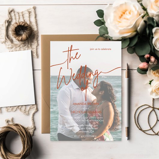 Moderne Minimalistische Terracotta Foto Hochzeit Einladung