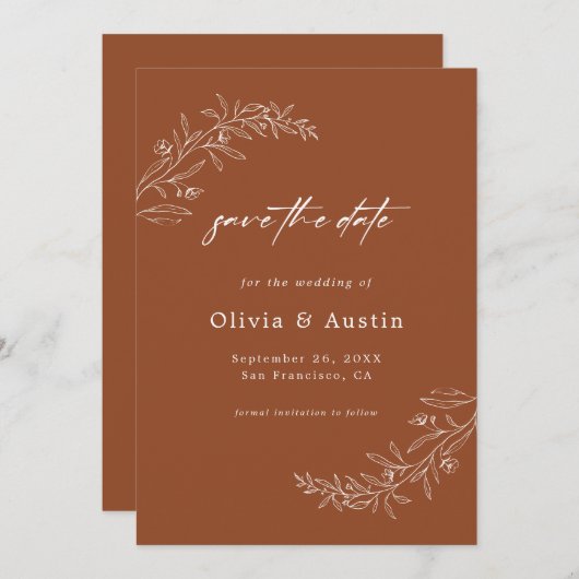Moderne Minimalistische Terracotta-Hochzeit rettet Einladung (Vorne/Hinten)