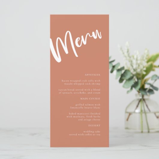 Moderne Minimalistische Terracotta Wedding Menu Menükarte (Stehend Vorderseite)