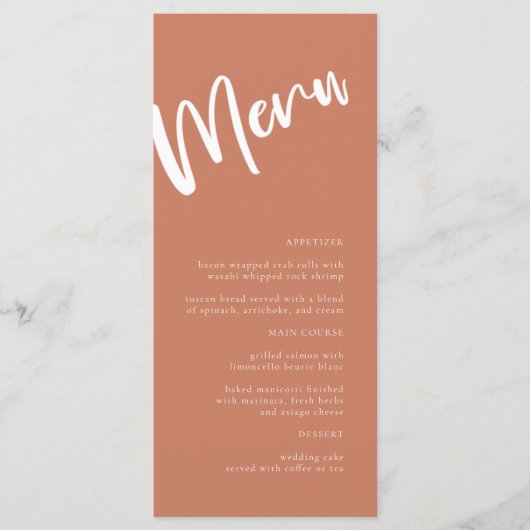 Moderne Minimalistische Terracotta Wedding Menu Menükarte (Vorderseite)