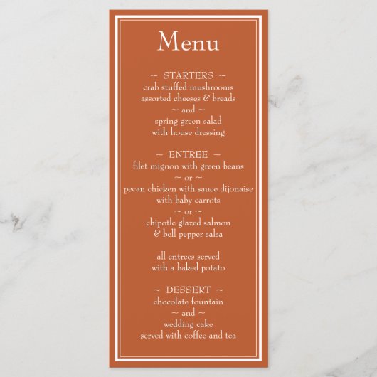 Moderne Minimalistische Terracotta Wedding Menu Menükarte (Vorderseite)