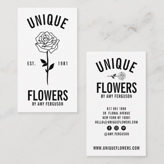 Moderne minimalistische trendige Schwarz-weiße Ros Visitenkarte (Vorne/Hinten)