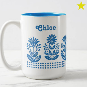 Moderne Minimalistische Türkis-Folk-Art-Blumen-Nam Zweifarbige Tasse