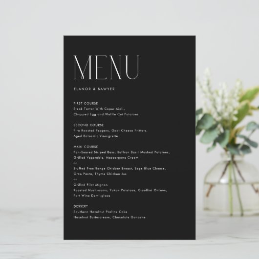 Moderne Minimalistische Typografie Black Menu Card (Stehend Vorderseite)