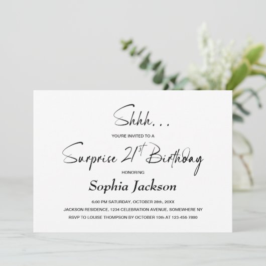 Moderne Minimalistische Überraschung 21. Geburtsta Einladung (Stehend Vorderseite)