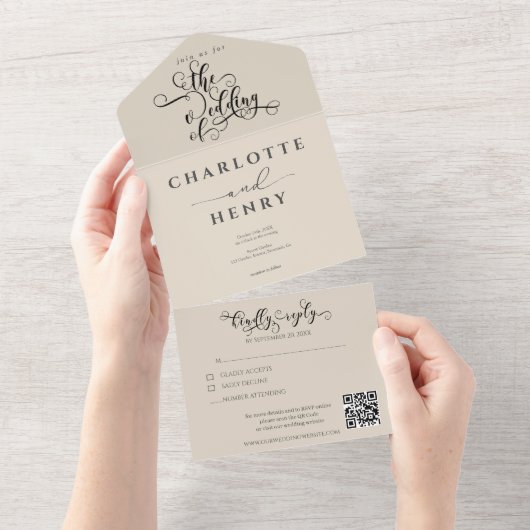 Moderne Minimalistische und elegante QR-Hochzeit All In One Einladung (Abreißen)