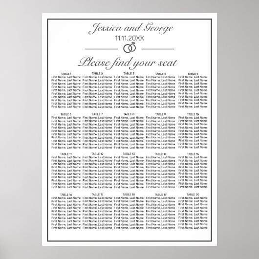 Moderne, Minimalistische, weiße Sitzkarten 20 Tisc Poster (Vorne)