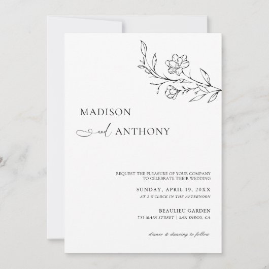 Moderne Minimalistische White Floral Line Hochzeit Einladung (Vorderseite)