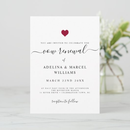 Moderne Minimalkalligrafie Rotes Herz Vow Erneueru Einladung (Stehend Vorderseite)
