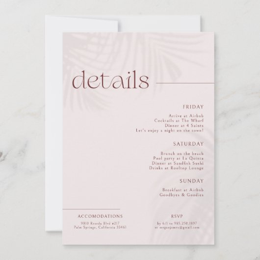 Moderne Minimalpalmen | Bachelorette Weekend Einladung (Rückseite)