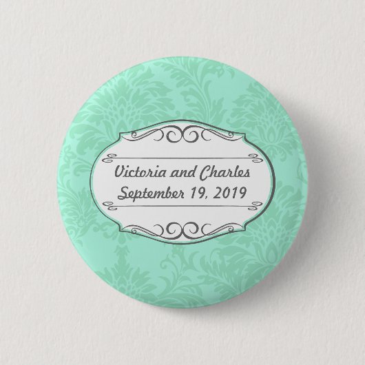 Moderne Mint Damask Hochzeit einladen Button (Vorderseite)