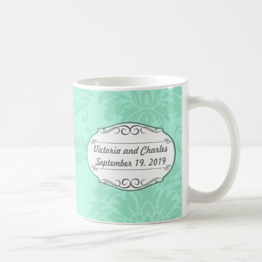 Moderne Mint Damask Hochzeit einladen Kaffeetasse (Rechts)