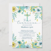 Moderne Mint Gold Floral Erste Heilige Kommune Einladung (Vorderseite)