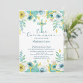 Moderne Mint Gold Floral Erste Heilige Kommune Einladung (Stehend Vorderseite)