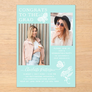 Moderne Mint Green Butterfly Foto Graduation Party Acryleinladungen