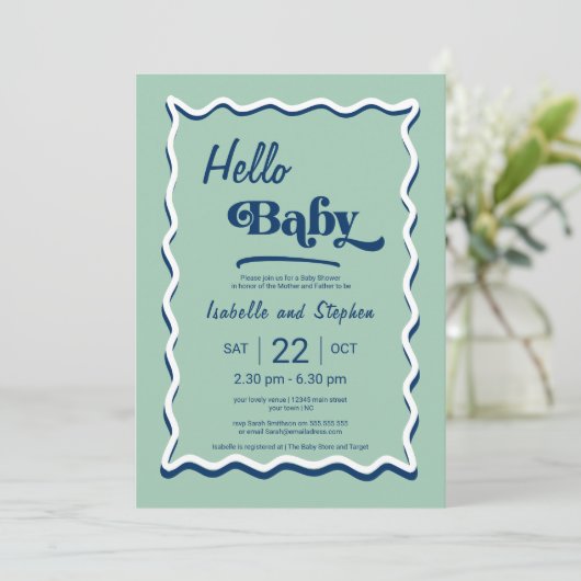 Moderne Mint Green Hello Baby Dusche Einladung (Stehend Vorderseite)