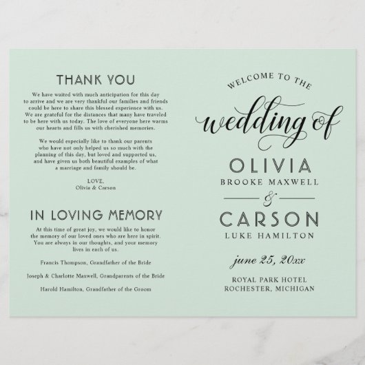 Moderne Mint- und Black Script-Hochzeitsprogramme (Vorderseite)