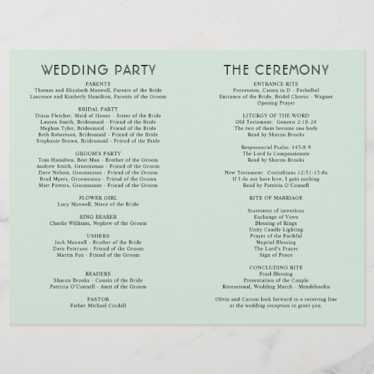 Moderne Mint- und Black Script-Hochzeitsprogramme (Rückseite)