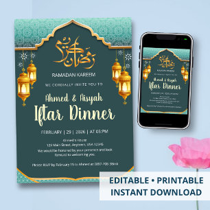 Moderne Mintgrün und Gold Festliche Ramadan-Iftar Einladung