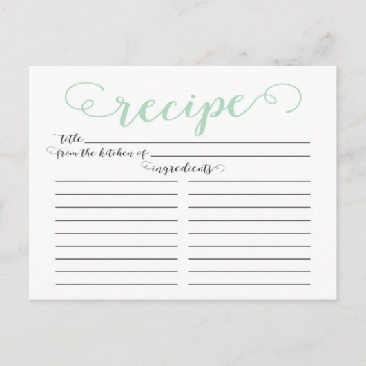Moderne Minze Green Script Brautparty Rezept Card Postkarte (Vorderseite)