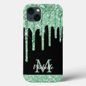 Moderne Minze grüne Glitzer Tropfen Monogram Case  (Rückseite)