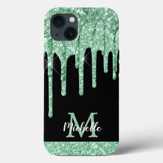 Moderne Minze grüne Glitzer Tropfen Monogram Case (Rückseite)