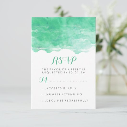 Moderne Minze grüne Wasserfarbe | Hochzeit RSVP (Stehend Vorderseite)