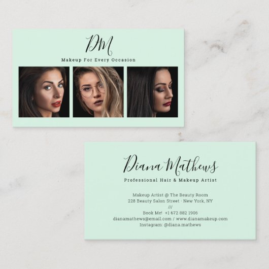 Moderne Minzgrün-Foto Collage Chic Make-up Künstle Visitenkarte (Vorne/Hinten)