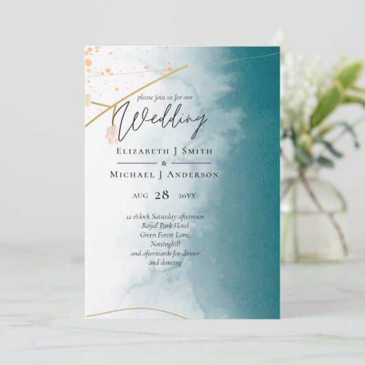 Moderne Misty Blue Gold Wedding (Stehend Vorderseite)