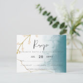 Moderne Misty Blue Gold Wedding Postkarte (Stehend Vorderseite)